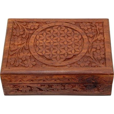 4&quot; x 6&quot; Carved Wood Box with Latch - Flower of Life, SKU 46FOL, UPC 6016209021023