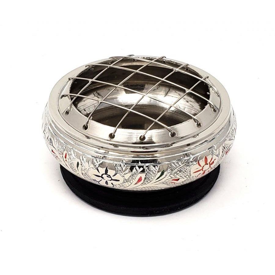 2.75&quot; Silver Finish Brass Screen Charcoal Burner with Colorful Carving, SKU 708, UPC 6016003764737