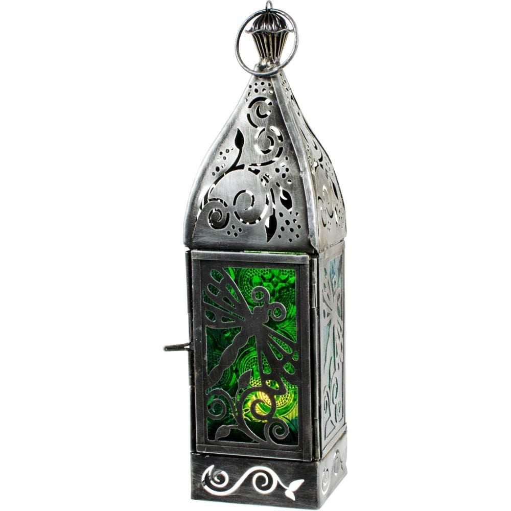 9&quot; Glass &amp; Metal Lantern - Dragonfly Green &amp; Turquoise, SKU KH-05227, UPC 6016204212235
