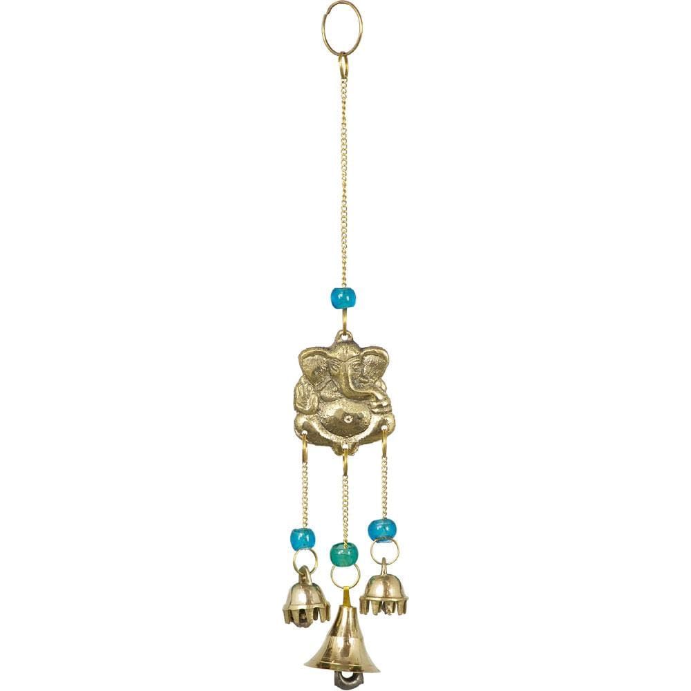 9.5&quot; Brass Bell Chime - Ganesh with Blue Beads, SKU KH-31315, UPC 6016219155114