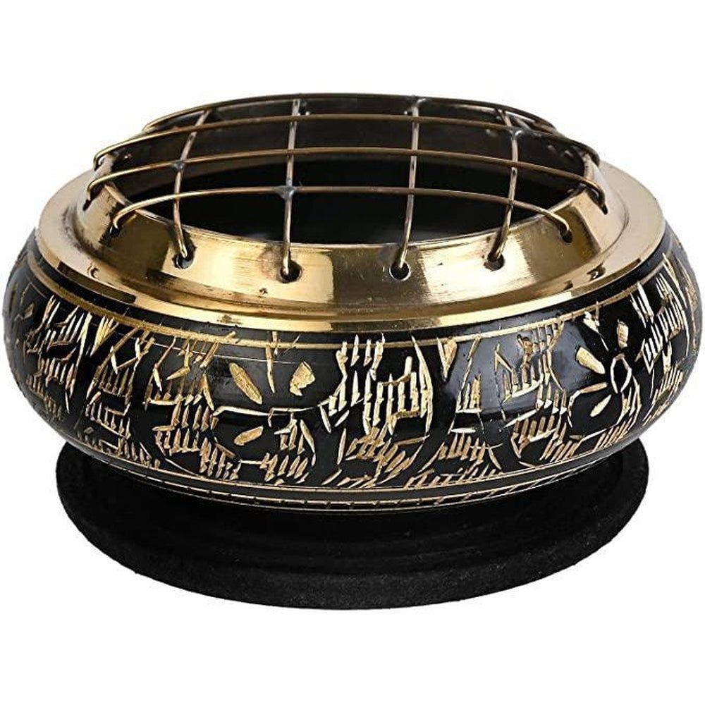 2.75&quot; Black Carved Brass Screen Charcoal Burner with Coaster, SKU 706, UPC 6016012916912