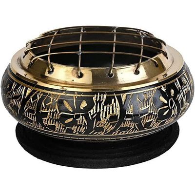 2.75&quot; Black Carved Brass Screen Charcoal Burner with Coaster, SKU 706, UPC 6016012916912