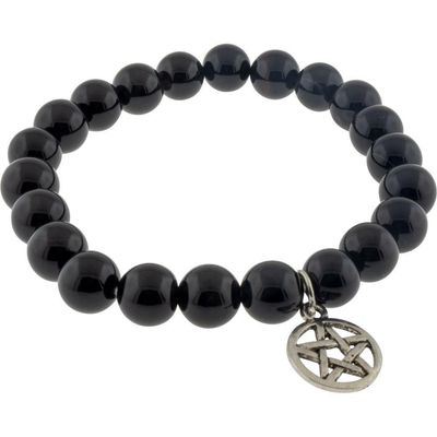 8 mm Elastic Bracelet Round Beads - Black Agate with Pentacle, SKU KH-98798, UPC 6016212982908