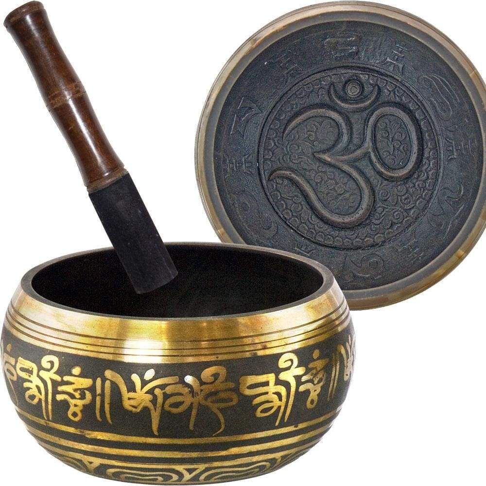 5.5&quot; Embossed Singing Bowl - Om Black &amp; Gold, SKU KH-31156, UPC 6016208670611