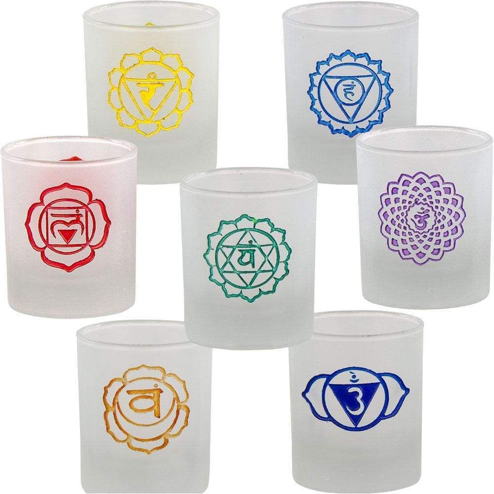 2.5&quot; Etched Glass Votive Holder - Chakras (Set of 7), SKU KH-01139, UPC 6016201584502