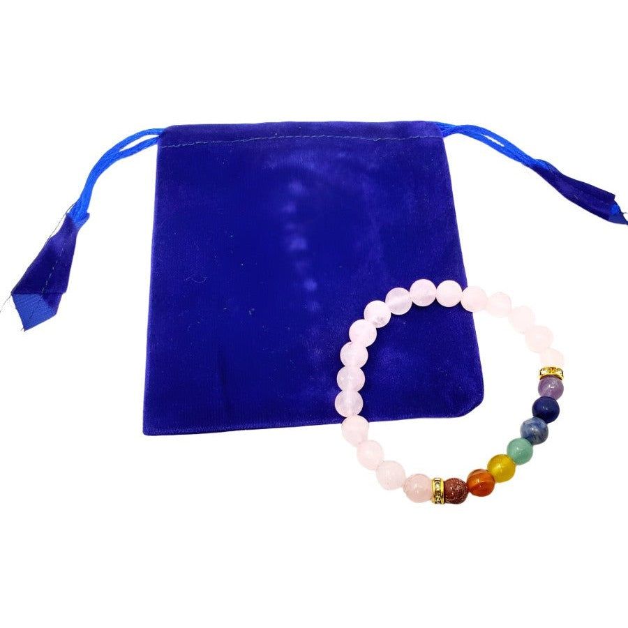 8 mm Elastic Bracelet Round Beads - Chakra &amp; Rose Quartz in Velvet Bag, SKU BS51, UPC 6016000641673