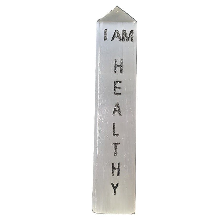 4&quot; Selenite Affirmation Obelisk Tower - I AM Healthy, SKU AFTW-02, UPC 6016210747776