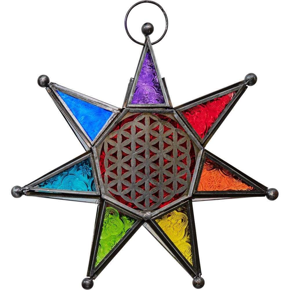 11.5&quot; Glass &amp; Metal Lantern - Chakra Star with Flower of Life, SKU KH-05202, UPC 6016215620692