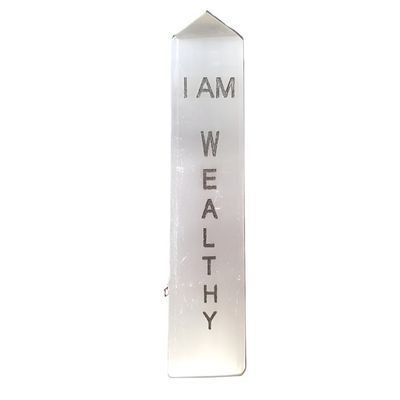 4&quot; Selenite Affirmation Obelisk Tower - I AM Wealthy, SKU AFTW-03, UPC 6016201061072
