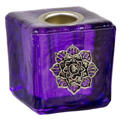 1.25&quot; Mini Glass Candle Holder Cube - Purple Lotus, SKU KH-03562, UPC 6016222913978