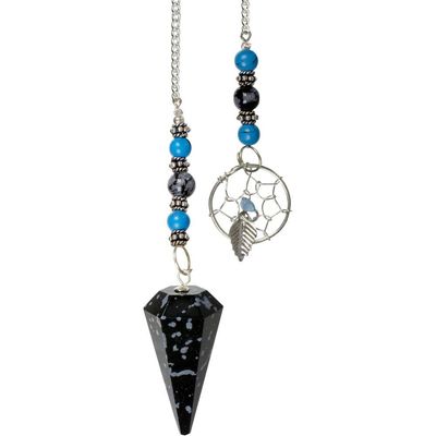 Hexagonal Pendulum - Snowflake Obsidian with Dreamcatcher, SKU KH-61048, UPC 6016205092034