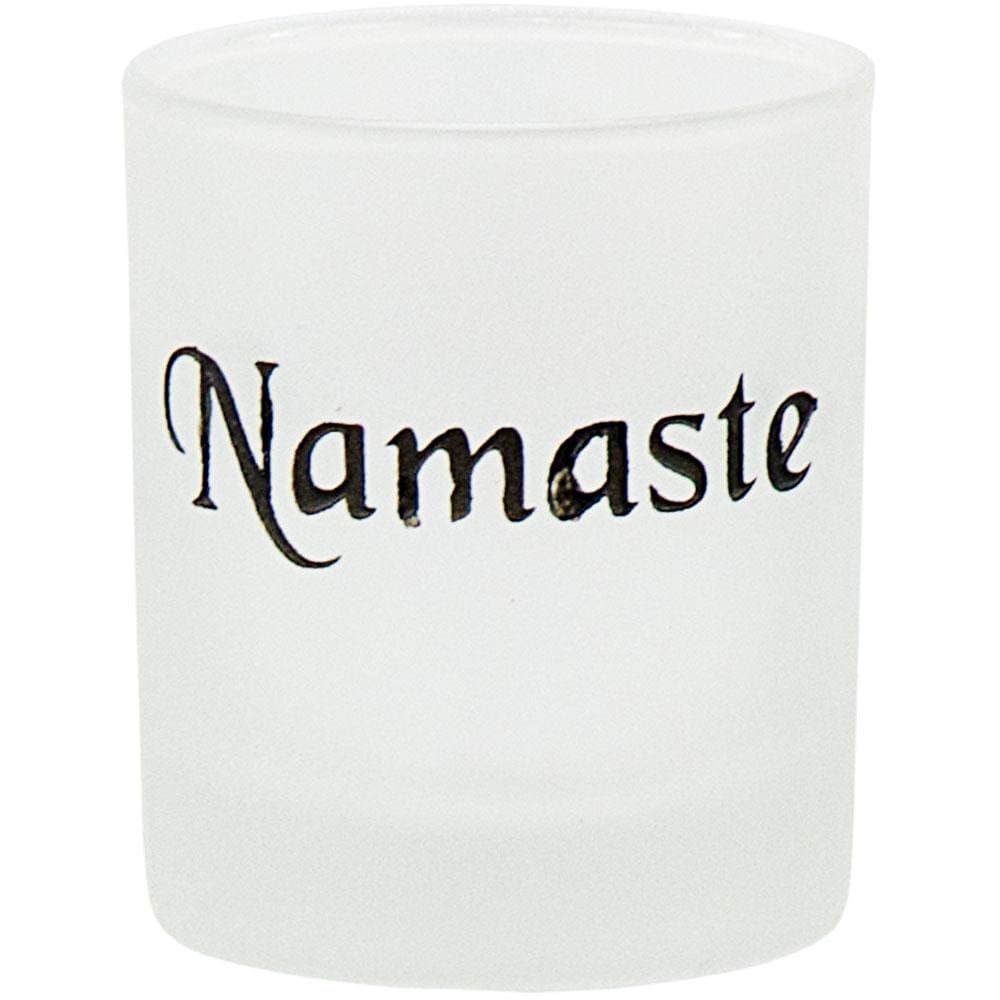 2.5&quot; Etched Glass Votive Holder - Namaste, SKU KH-01128, UPC 6016200859854