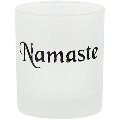 2.5&quot; Etched Glass Votive Holder - Namaste, SKU KH-01128, UPC 6016200859854