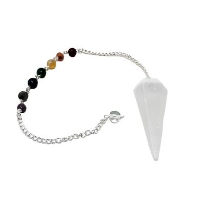 6-Sided Pendulum with Chakra Chain - Selenite, SKU PEND-71, UPC 6016205370361