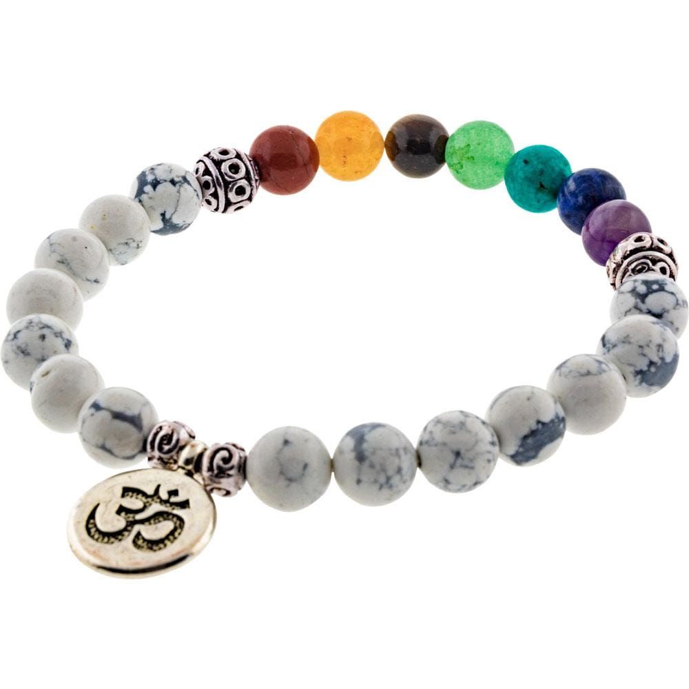 8 mm Elastic Bracelet Round Beads - Chakra &amp; Howlite with Om, SKU KH-98763, UPC 6016201570512