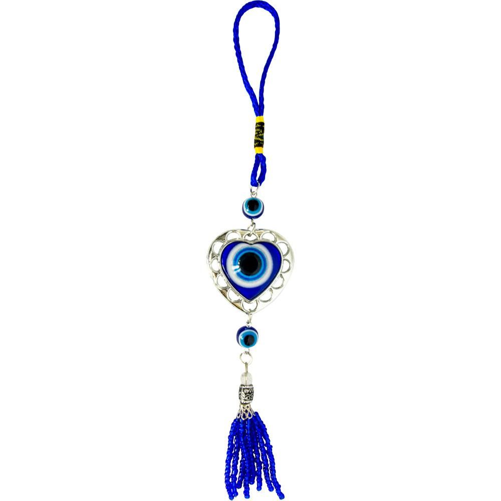 9.5&quot; Evil Eye Talisman - Glass Puffed Heart with Beaded Tassel, SKU KH-63435, UPC 6016035174122