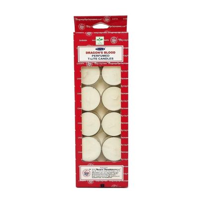 Satya Tealight Candles (12 in Box) - Dragon&#39;s Blood, SKU DBTL, UPC 6016203013017