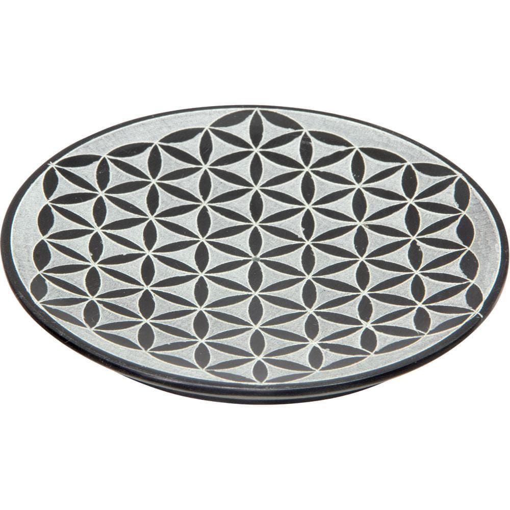 5&quot; Soapstone Round Incense Holder - Flower of Life - Black, SKU KH-89558, UPC 6016204939989