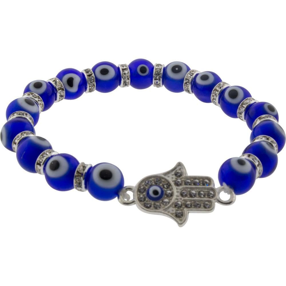 8 mm Elastic Bracelet - Evil Eye Protection Cobalt Blue with Gem Fatima Hand, SKU KH-98814, UPC 601…