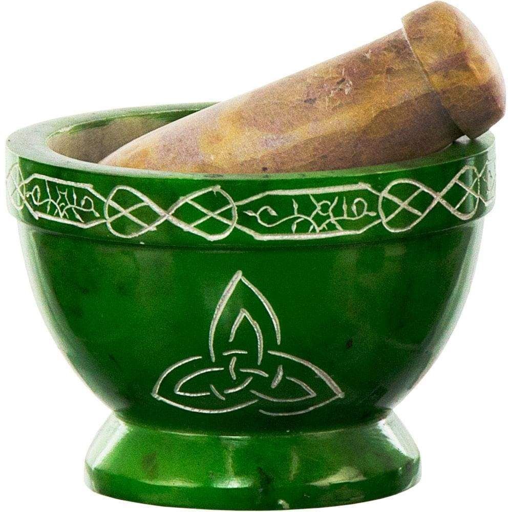 3.5&quot; Soapstone Mortar &amp; Pestle - Triquetra Green, SKU KH-64221, UPC 6016221181149