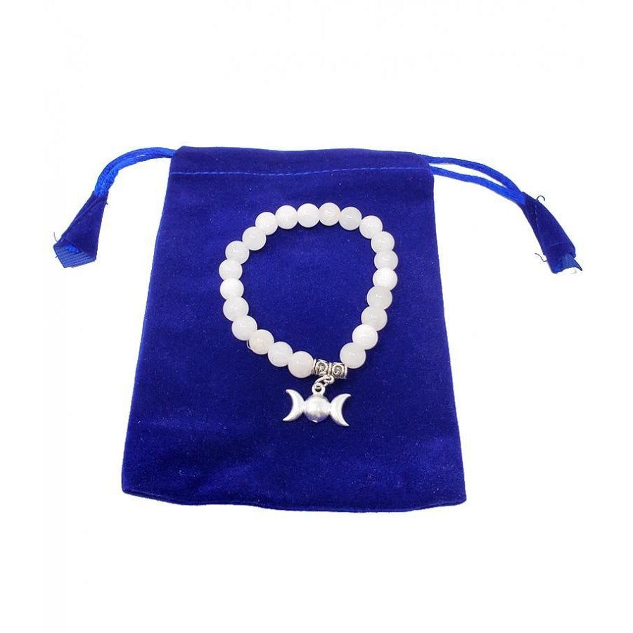 8 mm Elastic Bracelet Round Beads - White Agate with Triple Moon in Velvet Bag, SKU BS69, UPC 60160…