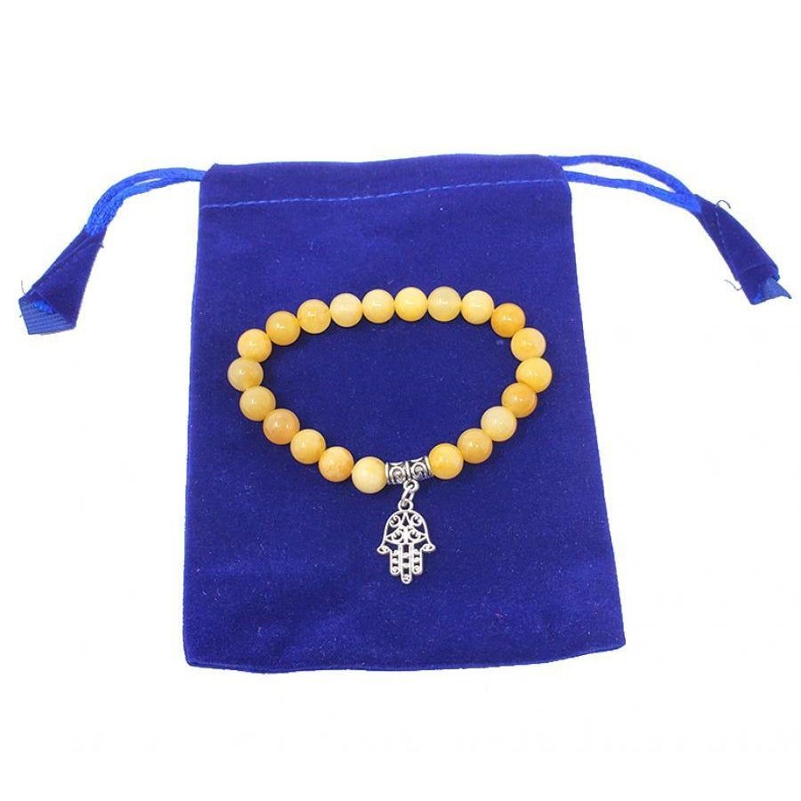 8 mm Elastic Bracelet Round Beads - Yellow Aventurine with Hasma Hand in Velvet Bag, SKU BS73, UPC …