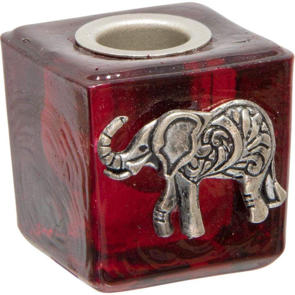 1.25&quot; Mini Glass Candle Holder Cube - Red Elephant, SKU KH-03582, UPC 6016201154125