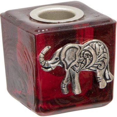1.25&quot; Mini Glass Candle Holder Cube - Red Elephant, SKU KH-03582, UPC 6016201154125
