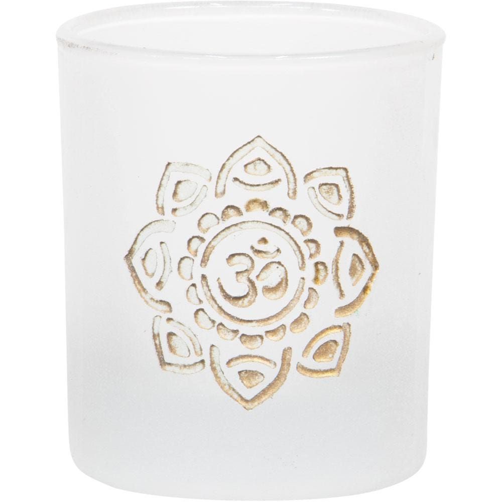 2.5&quot; Etched Glass Votive Holder - Om Flower, SKU KH-01157, UPC 6016203837859