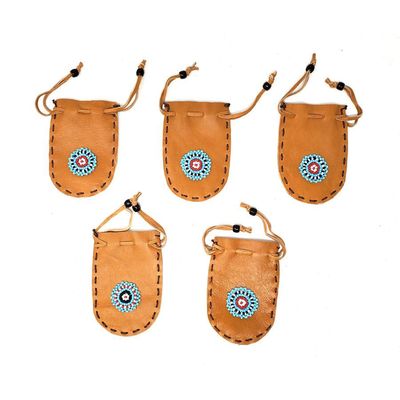 3&quot; x 2&quot; Round Beaded Leather Drawstring Pouch, SKU DCBL-13, UPC 6016018220235