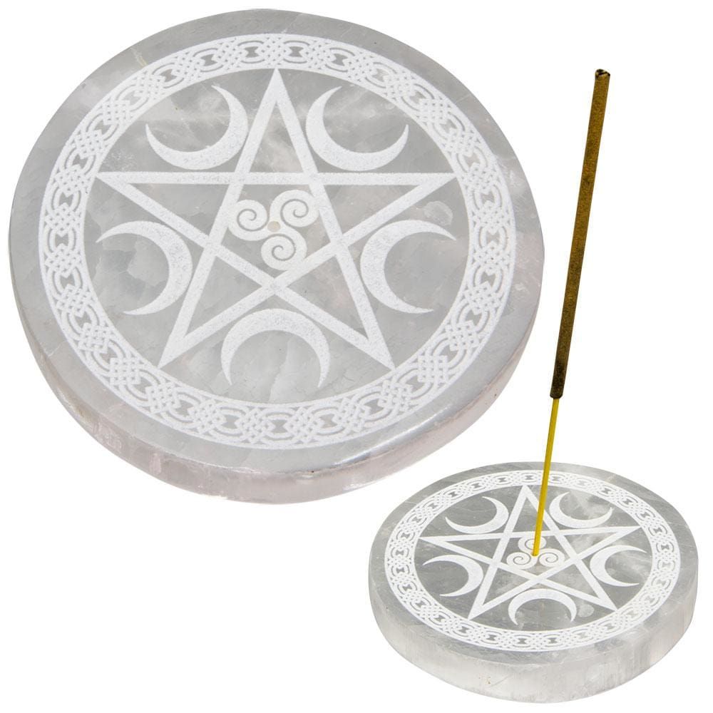 3.5&quot; Selenite Round Incense Holder - Pentacle, SKU KH-89560, UPC 6016204276220