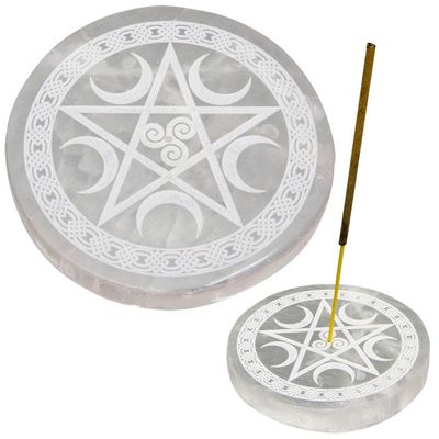 3.5&quot; Selenite Round Incense Holder - Pentacle, SKU KH-89560, UPC 6016204276220