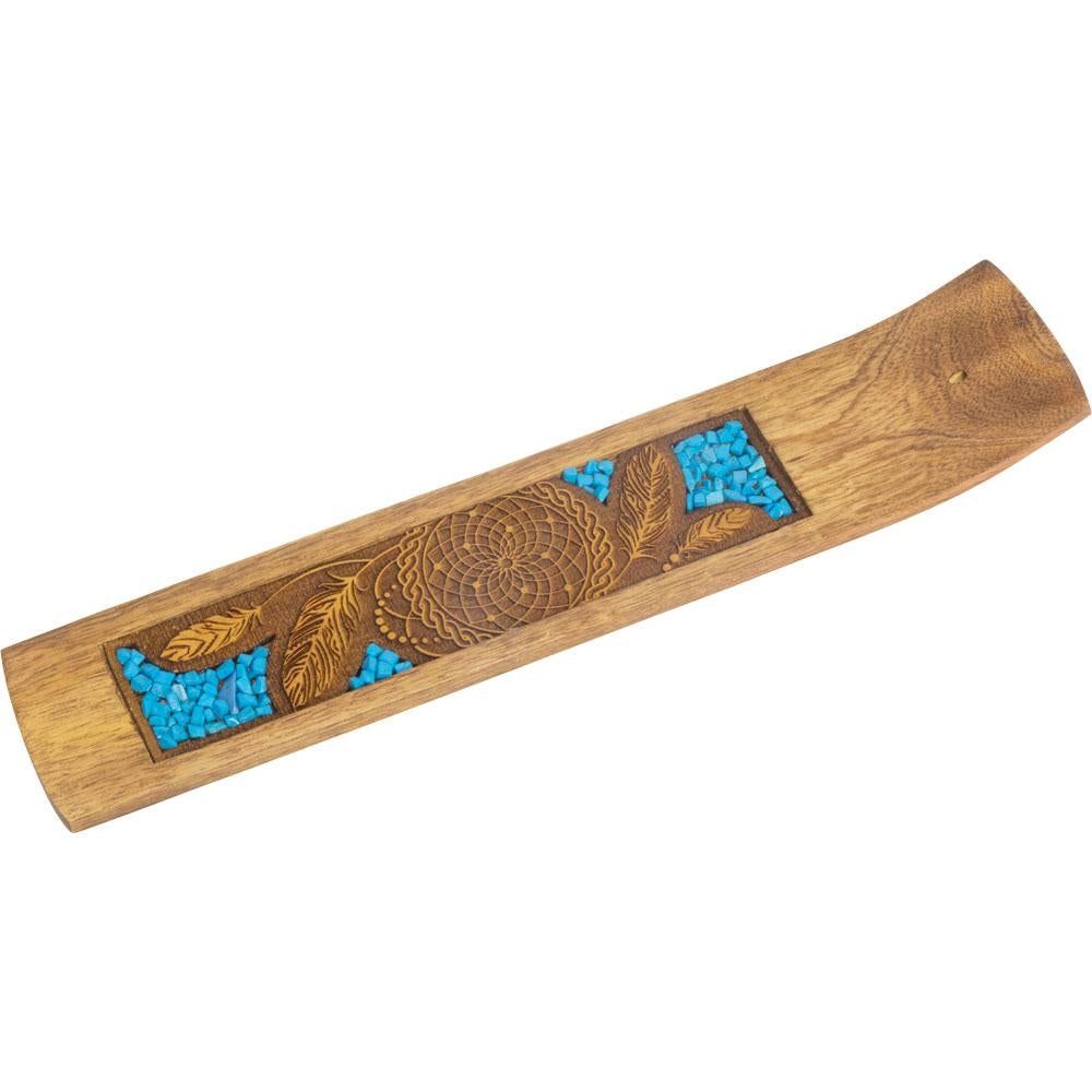 10&quot; Laser Etched Wood Incense Holder - Dreamcatcher with Turquoise Inlay, SKU KH-89638, UPC 6016003…