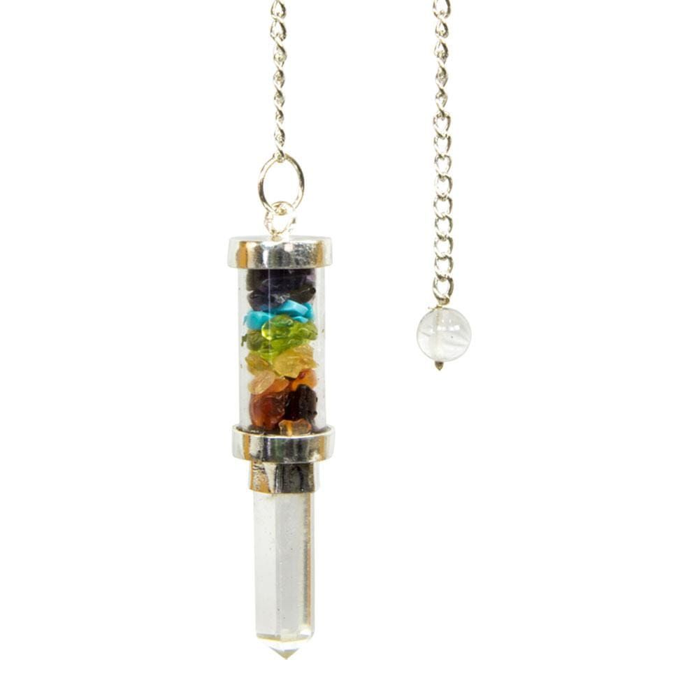 Glass Tube Pendulum - Chakras Chips &amp; Crystal Point, SKU KH-61339, UPC 6016227151184