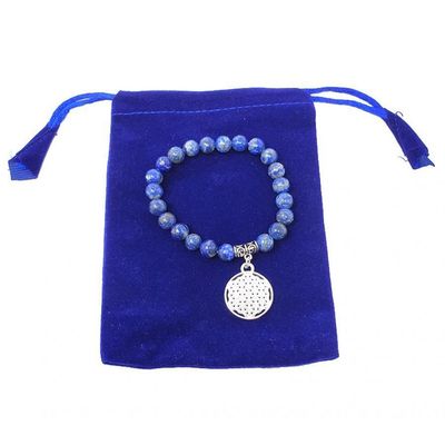 8 mm Elastic Bracelet Round Beads - Lapis with Flower of Life in Velvet Bag, SKU BS77, UPC 60160035…