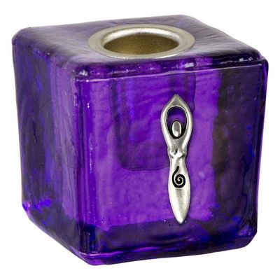 1.25&quot; Mini Glass Candle Holder Cube - Purple Spiral Goddess, SKU KH-03564, UPC 6016211167160
