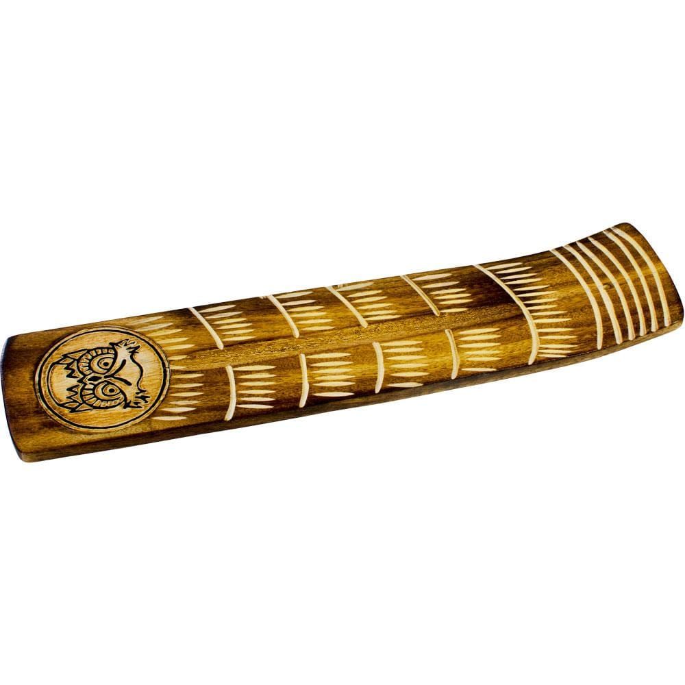 10.5&quot; Wide Engraved Wood Incense Holder - Owl, SKU KH-89196, UPC 6016203487481