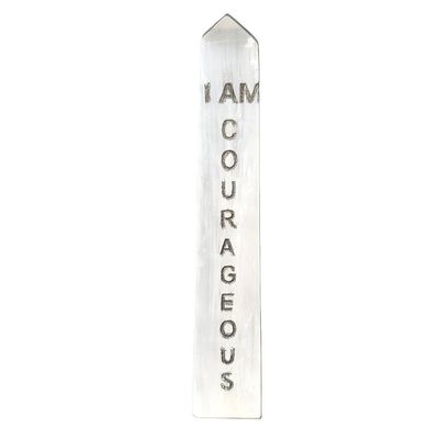 4&quot; Selenite Affirmation Obelisk Tower - I AM Courageous, SKU AFTW-12, UPC 6016203682602
