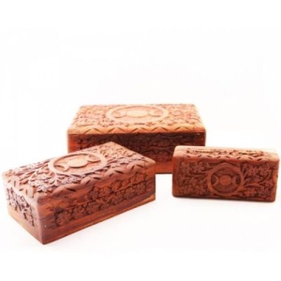 Triple Moon Carved Wooden Box Set of 3 (8&quot;, 6.5&quot;, 5.5&quot; inch), SKU WBX98, UPC 6016015626610