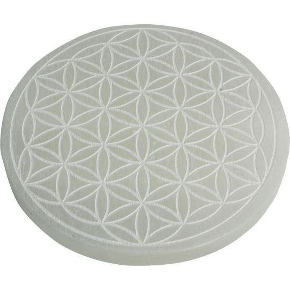 Polished Selenite Charging Disk - Flower of Life, SKU KH-63164, UPC 6016209953904