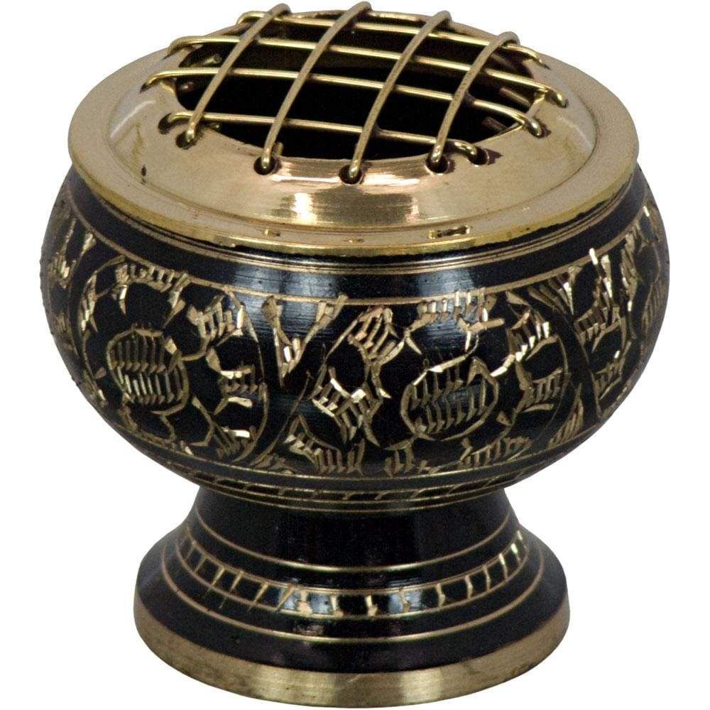 2.5&quot; Brass Burner Flower Engraved with Grid - Black, SKU KH-88507, UPC 6016200164118