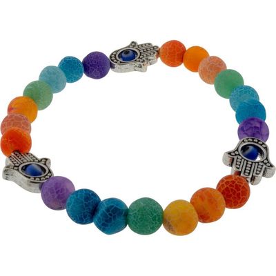8 mm Elastic Bracelet Round Beads - Chakra Cracked Agate with Fatima Hands, SKU KH-98796, UPC 60162…