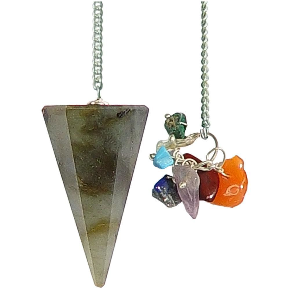Hexagonal Pendulum - Labradorite with Chakra Chips, SKU KH-61073, UPC 6016205797786