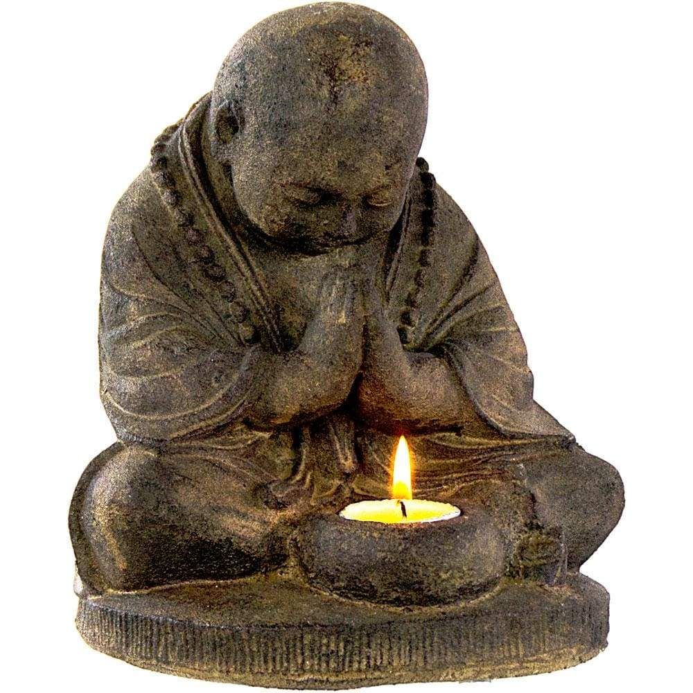 8.25&quot; Volcanic Stone Statue Tealight Holder - Praying Monk, SKU KH-33868, UPC