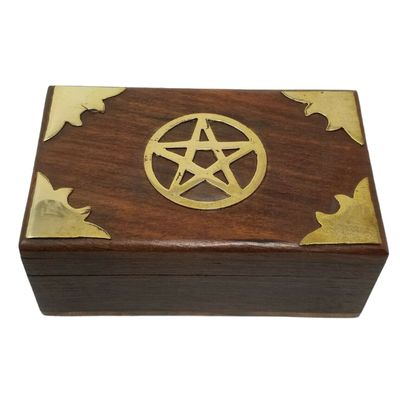 4&quot; Pentagram Brass Inlay Wood Box, SKU WB433, UPC 6016001016081