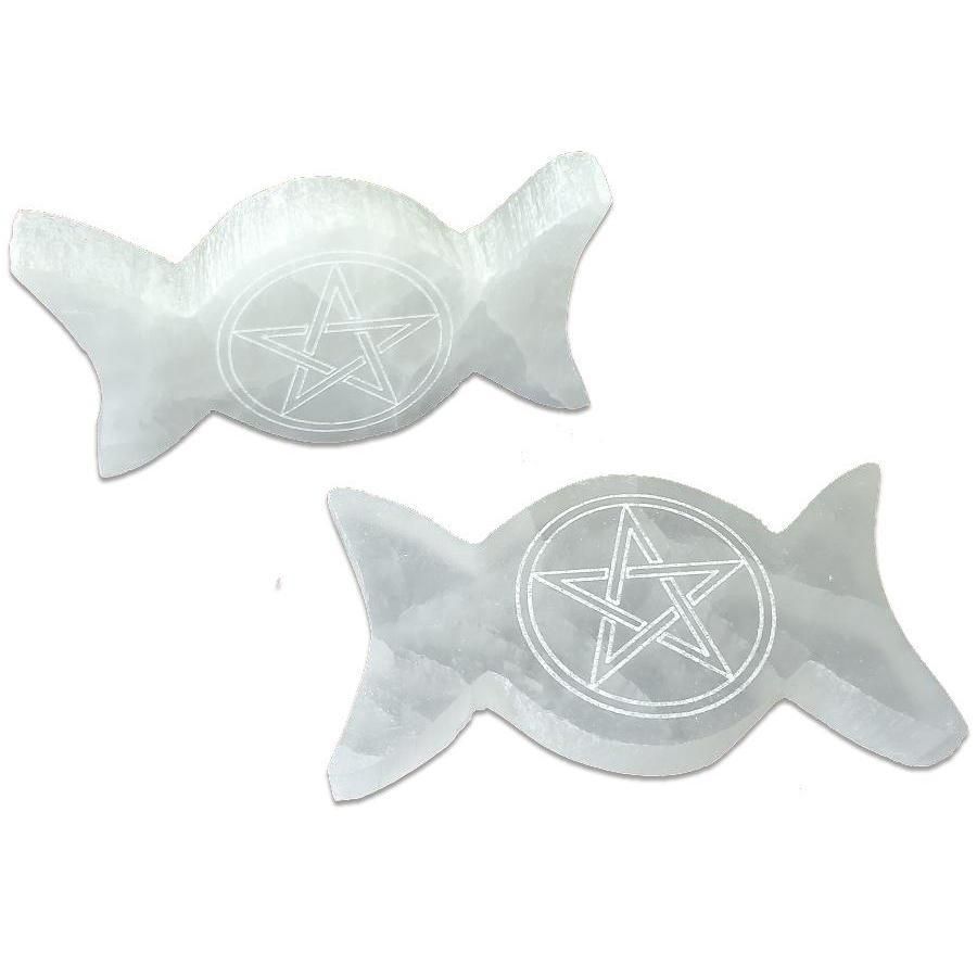 4.5 x 2.5&quot; Selenite Triple Moon Pentagram Altar Tile, SKU SEL-TMP, UPC 6016007925981