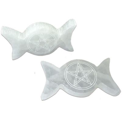 4.5 x 2.5&quot; Selenite Triple Moon Pentagram Altar Tile, SKU SEL-TMP, UPC 6016007925981