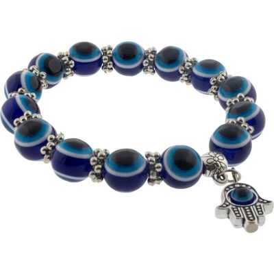 8 mm Elastic Bracelet - Evil Eye Protection Cobalt Blue &amp; Aqua with Fatima Hand, SKU KH-98818, UPC …