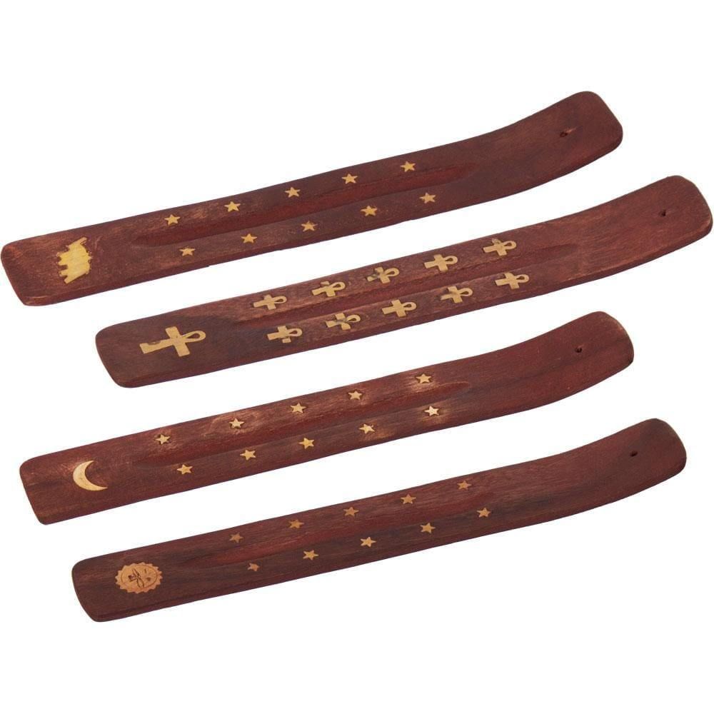 10&quot; Wood Incense Holder - Brass Inlay (Assorted Design), SKU ER3MIX, UPC 6016215425426