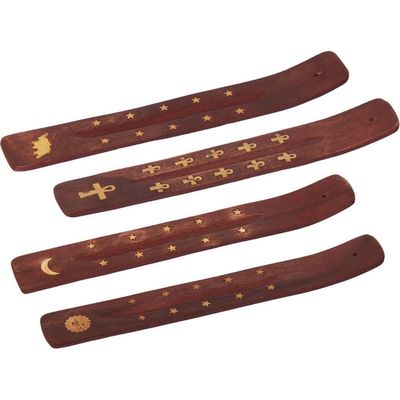 10&quot; Wood Incense Holder - Brass Inlay (Assorted Design), SKU ER3MIX, UPC 6016215425426